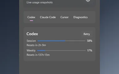 Win Codex Bar displaying Codex usage and reset windows